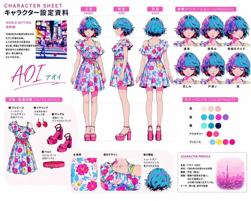 A character sheet showing the same character across front, side, back and expression views