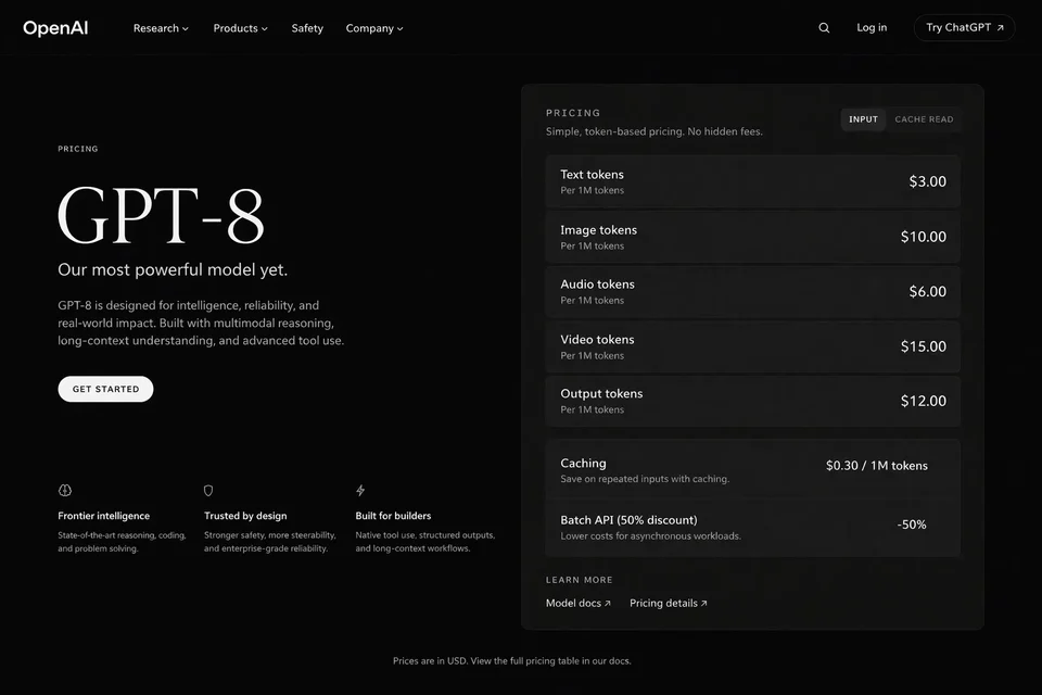 A dark pricing page generated by GPT-Image 2 with crisp English menu labels and prices
