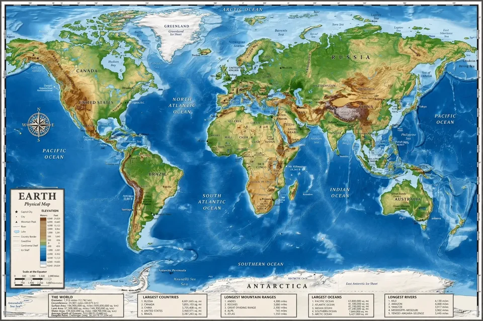 A detailed physical world map with countries, oceans, terrain and geographic labels
